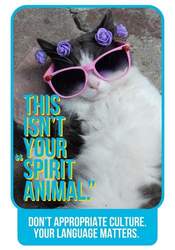 A graphic of a cat with the phrase "THis isn't your 'spirit animal.'" As part of an article about culturally correct thanksgiving holiday practices. 